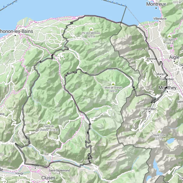 Zemljevid v pomanjšavi "Dolg kolesarski izziv po slikoviti pokrajini" kolesarske inspiracije v Région lémanique, Switzerland. Generirano z načrtovalcem kolesarskih poti Tarmacs.app