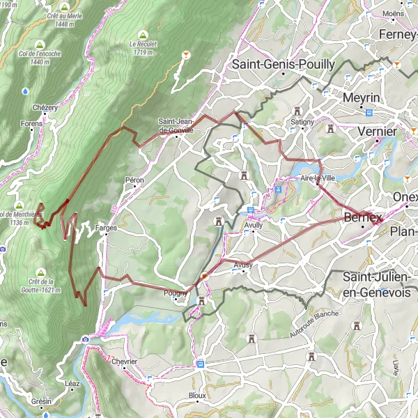 Miniatuurkaart van de fietsinspiratie "Gravelroute naar Saint-Jean-de-Gonville via Avusy en Aire-la-Ville" in Région lémanique, Switzerland. Gemaakt door de Tarmacs.app fietsrouteplanner