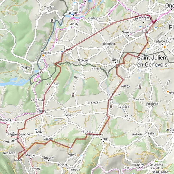 Miniatura mapy "Trasa gravelowa w kierunku Valleiry" - trasy rowerowej w Région lémanique, Switzerland. Wygenerowane przez planer tras rowerowych Tarmacs.app