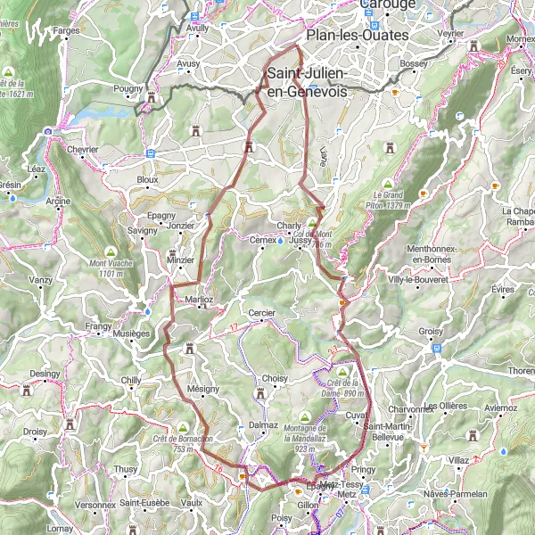 Miniature de la carte de l'inspiration cycliste "Boucle Gravel de Saint-Julien-en-Genevois" dans la Région lémanique, Switzerland. Générée par le planificateur d'itinéraire cycliste Tarmacs.app