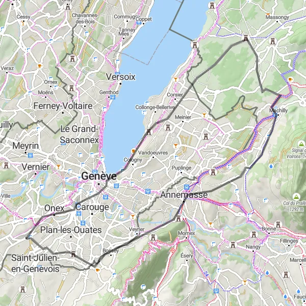 Miniatura della mappa di ispirazione al ciclismo "Giro su Strada da Le Signal a Bardonnex" nella regione di Région lémanique, Switzerland. Generata da Tarmacs.app, pianificatore di rotte ciclistiche