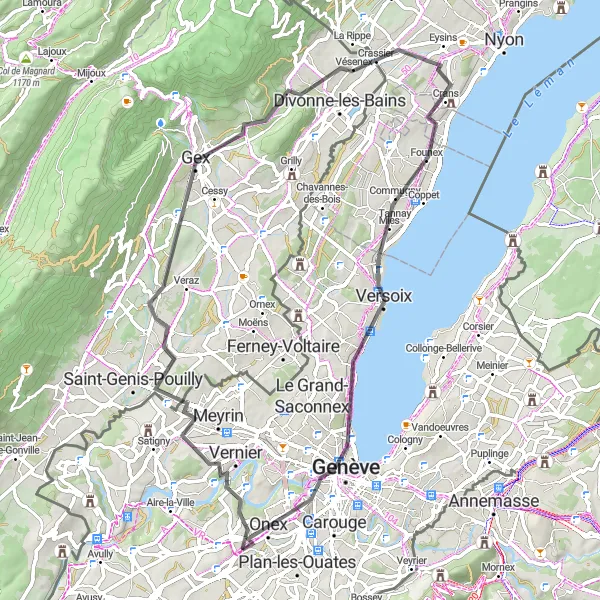 Karten-Miniaturansicht der Radinspiration "Erkundung der Umgebung von Genf" in Région lémanique, Switzerland. Erstellt vom Tarmacs.app-Routenplaner für Radtouren