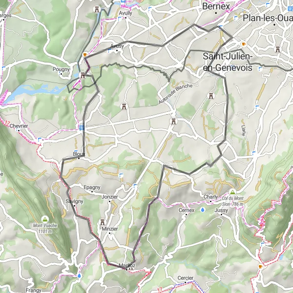 Zemljevid v pomanjšavi "Okoliška pot od Confignona" kolesarske inspiracije v Région lémanique, Switzerland. Generirano z načrtovalcem kolesarskih poti Tarmacs.app