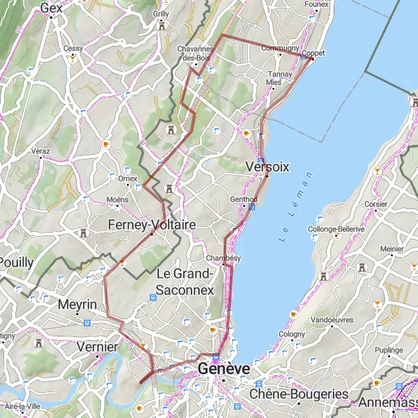 Zemljevid v pomanjšavi "Odkrijte čudovite krajine Région lémanique" kolesarske inspiracije v Région lémanique, Switzerland. Generirano z načrtovalcem kolesarskih poti Tarmacs.app