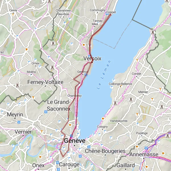 Miniaturní mapa "Gravelová cyklotrasa po okolí Coppetu" inspirace pro cyklisty v oblasti Région lémanique, Switzerland. Vytvořeno pomocí plánovače tras Tarmacs.app