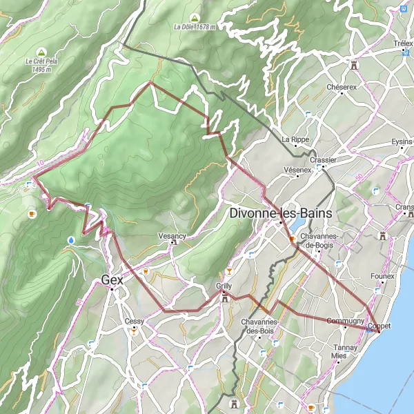 Miniaturní mapa "Gravel Route to Col de la Faucille" inspirace pro cyklisty v oblasti Région lémanique, Switzerland. Vytvořeno pomocí plánovače tras Tarmacs.app