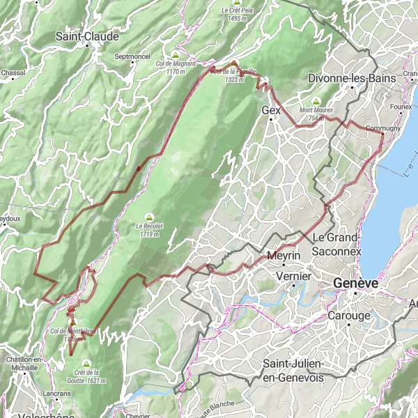 Mapa miniatúra "Náročná gravel trasa s výhľadmi" cyklistická inšpirácia v Région lémanique, Switzerland. Vygenerované cyklistickým plánovačom trás Tarmacs.app