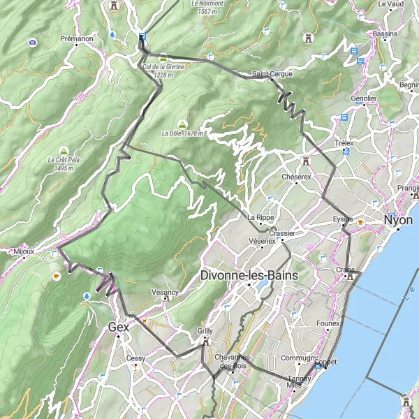 Kartminiatyr av "Utforsk Gex og Col de la Faucille på sykkel" sykkelinspirasjon i Région lémanique, Switzerland. Generert av Tarmacs.app sykkelrutoplanlegger