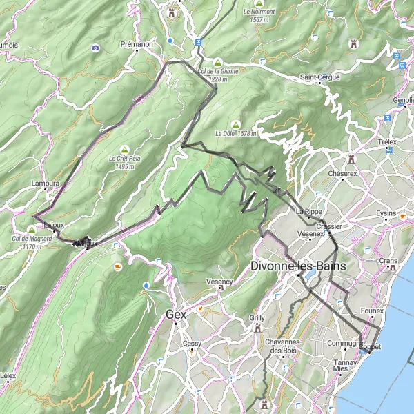 Miniatura della mappa di ispirazione al ciclismo "Road da Divonne-les-Bains a Château de Coppet" nella regione di Région lémanique, Switzerland. Generata da Tarmacs.app, pianificatore di rotte ciclistiche