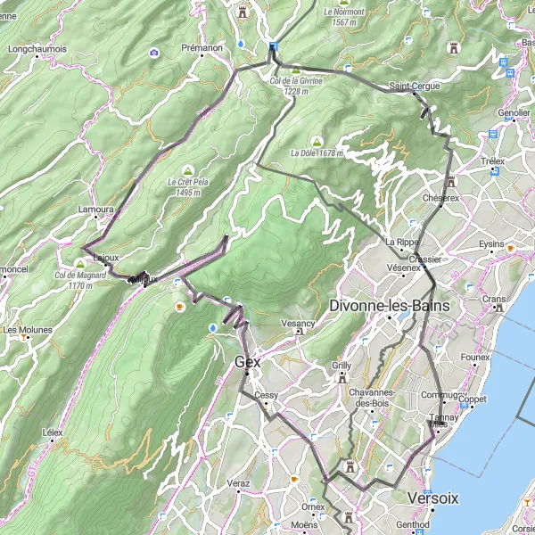 Miniatuurkaart van de fietsinspiratie "Scenic weg van Coppet naar Tannay" in Région lémanique, Switzerland. Gemaakt door de Tarmacs.app fietsrouteplanner