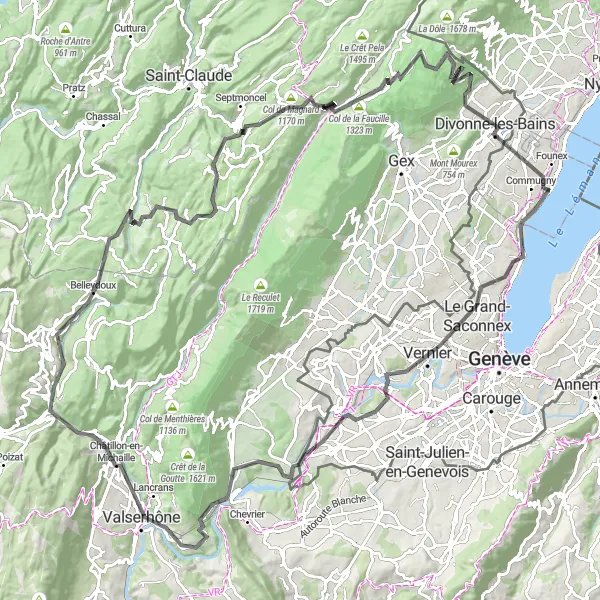 Miniatura della mappa di ispirazione al ciclismo "Road da Coppet a Bellegarde-sur-Valserine" nella regione di Région lémanique, Switzerland. Generata da Tarmacs.app, pianificatore di rotte ciclistiche