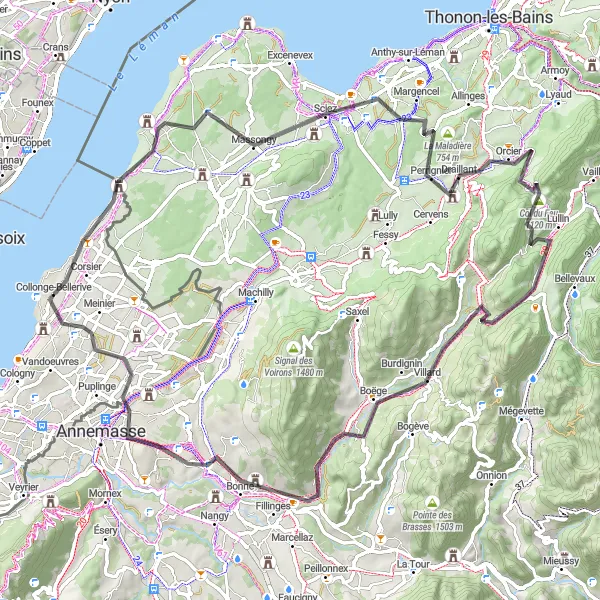 Map miniature of "Exploring Corsier and Surrounding Areas" cycling inspiration in Région lémanique, Switzerland. Generated by Tarmacs.app cycling route planner