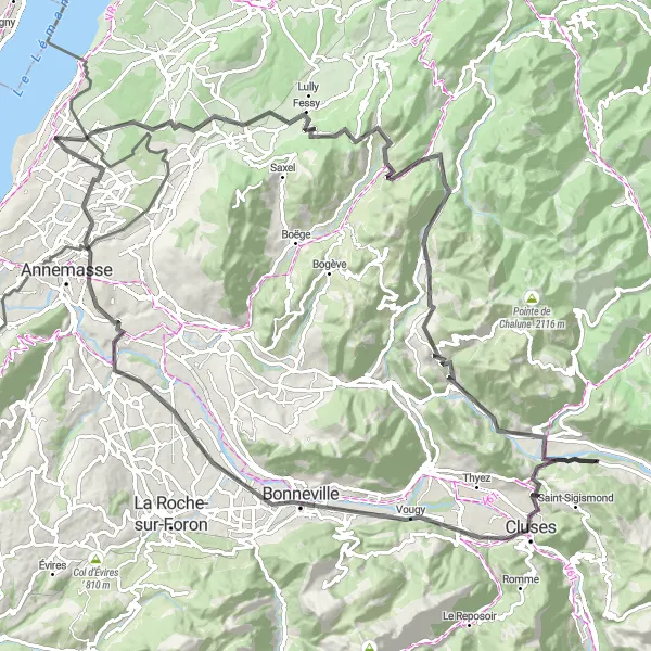 Miniaturní mapa "Cyklotrasa mezi horskými vesničkami" inspirace pro cyklisty v oblasti Région lémanique, Switzerland. Vytvořeno pomocí plánovače tras Tarmacs.app
