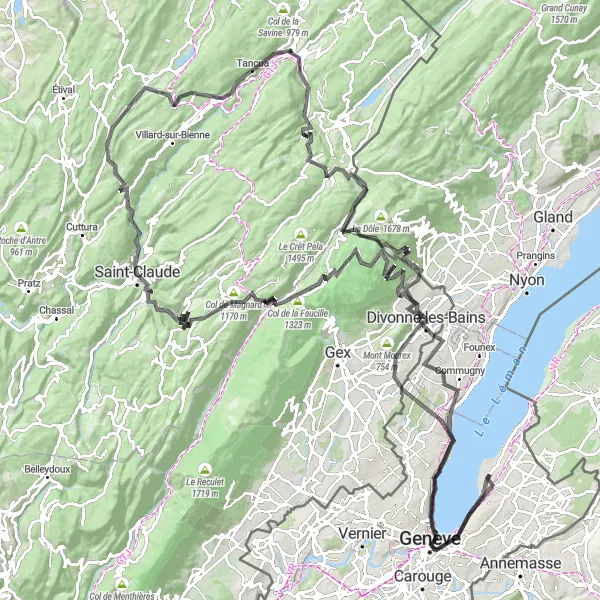 Karten-Miniaturansicht der Radinspiration "Tour mit Blick auf den Jet d'eau und Col de la Faucille" in Région lémanique, Switzerland. Erstellt vom Tarmacs.app-Routenplaner für Radtouren