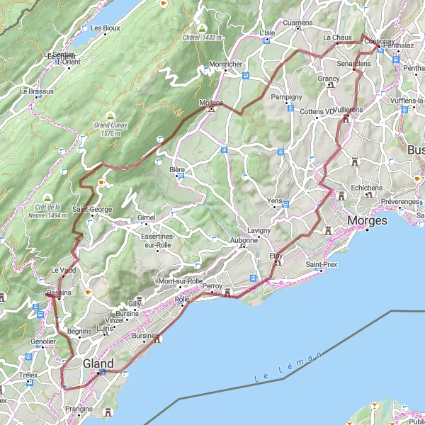 Miniatura della mappa di ispirazione al ciclismo "Rotta Gravel tra Cossonay e Chavannes-le-Veyron" nella regione di Région lémanique, Switzerland. Generata da Tarmacs.app, pianificatore di rotte ciclistiche