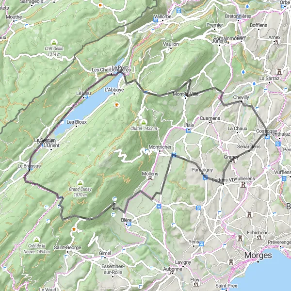 Miniatura della mappa di ispirazione al ciclismo "Esperienza ciclistica da Grancy a Chevilly attraverso Lac de Joux" nella regione di Région lémanique, Switzerland. Generata da Tarmacs.app, pianificatore di rotte ciclistiche