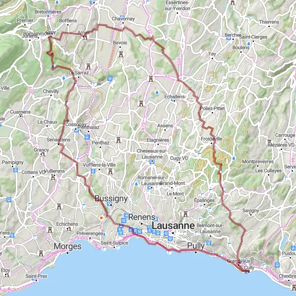 Kartminiatyr av "Grusvei-eventyr i nærheten av Genfersjøen" sykkelinspirasjon i Région lémanique, Switzerland. Generert av Tarmacs.app sykkelrutoplanlegger