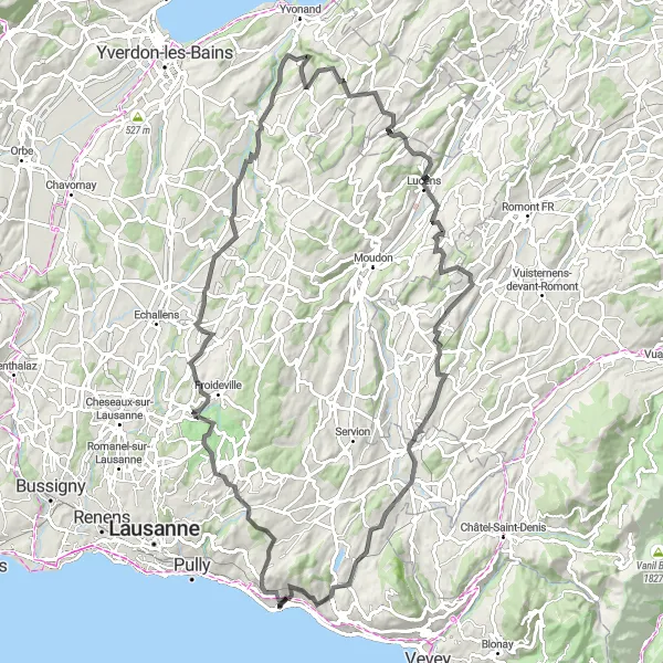 Miniature de la carte de l'inspiration cycliste "La Boucle des Monts de Lavaux" dans la Région lémanique, Switzerland. Générée par le planificateur d'itinéraire cycliste Tarmacs.app