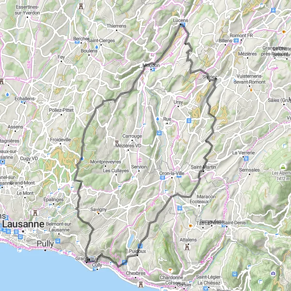 Miniature de la carte de l'inspiration cycliste "Boucle de Cyclisme Villette - Rossenges - Puidoux" dans la Région lémanique, Switzerland. Générée par le planificateur d'itinéraire cycliste Tarmacs.app