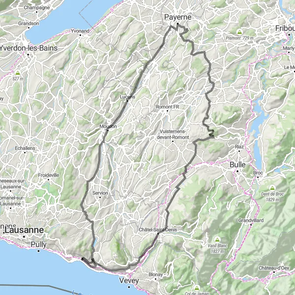Miniatura della mappa di ispirazione al ciclismo "Giro epico tra Cully e Chexbres" nella regione di Région lémanique, Switzerland. Generata da Tarmacs.app, pianificatore di rotte ciclistiche