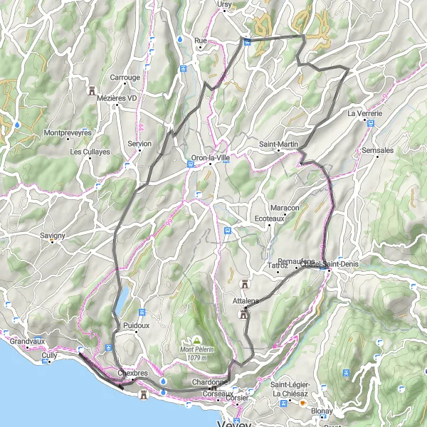 Miniatua del mapa de inspiración ciclista "Ruta Escénica por los Viñedos de la Riviera Suiza" en Région lémanique, Switzerland. Generado por Tarmacs.app planificador de rutas ciclistas