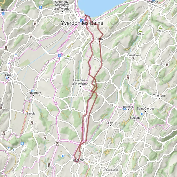 Map miniature of "Gravel Adventure to Ursins and Villars-le-Terroir" cycling inspiration in Région lémanique, Switzerland. Generated by Tarmacs.app cycling route planner