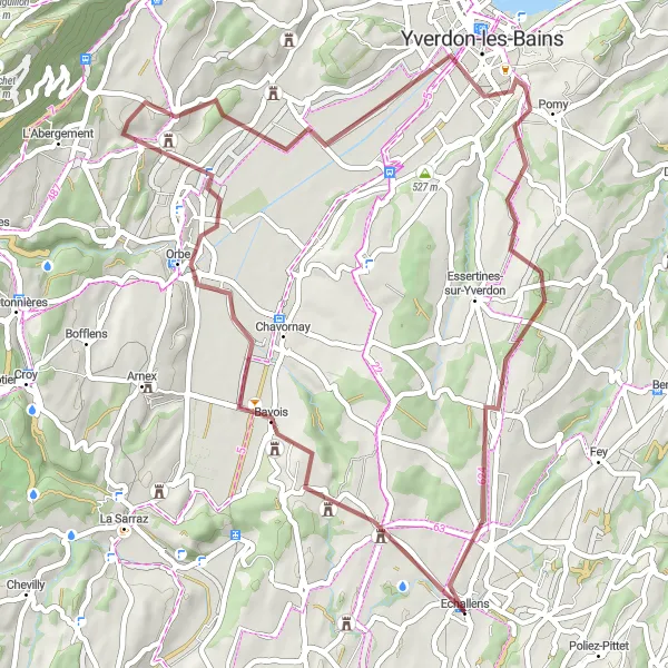 Map miniature of "Scenic Gravel Route to Orbe and Yverdon-les-Bains" cycling inspiration in Région lémanique, Switzerland. Generated by Tarmacs.app cycling route planner