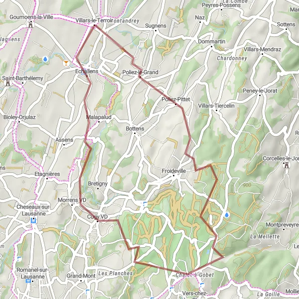 Map miniature of "Poliez-le-Grand to Villars-le-Terroir Gravel Cycling Route" cycling inspiration in Région lémanique, Switzerland. Generated by Tarmacs.app cycling route planner