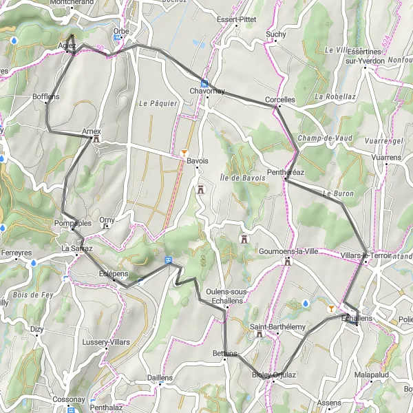 Mapa miniatúra "Bioley-Orjulaz do Étang du Buron: Road trip s výškovým rozdílem 507 m na 44 km" cyklistická inšpirácia v Région lémanique, Switzerland. Vygenerované cyklistickým plánovačom trás Tarmacs.app