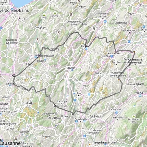 Kartminiatyr av "Prévondavaux til Villars-le-Terroir Landeveissykkeltur" sykkelinspirasjon i Région lémanique, Switzerland. Generert av Tarmacs.app sykkelrutoplanlegger