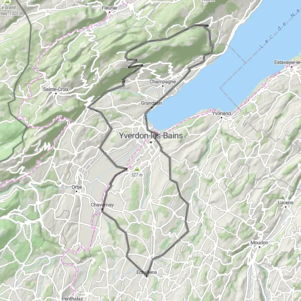 Zemljevid v pomanjšavi "Razgibana cestna pot prek Ependes, La Mothe, Mont Aubert in Concise" kolesarske inspiracije v Région lémanique, Switzerland. Generirano z načrtovalcem kolesarskih poti Tarmacs.app