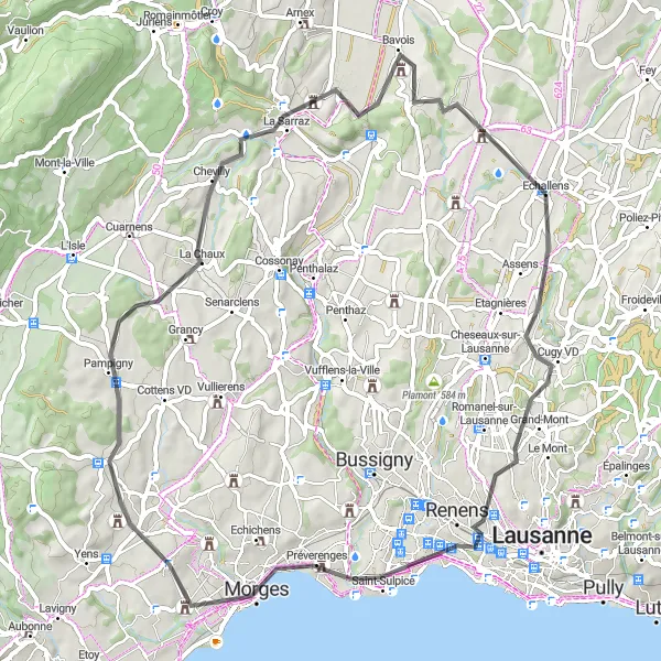 Miniatura della mappa di ispirazione al ciclismo "Cicloturismo Renens - Echallens" nella regione di Région lémanique, Switzerland. Generata da Tarmacs.app, pianificatore di rotte ciclistiche