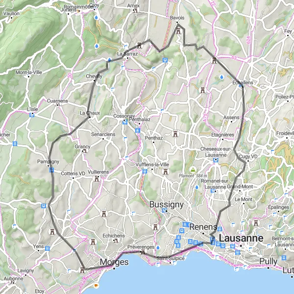 Map miniature of "Renens to Mormont Road Cycling Route" cycling inspiration in Région lémanique, Switzerland. Generated by Tarmacs.app cycling route planner