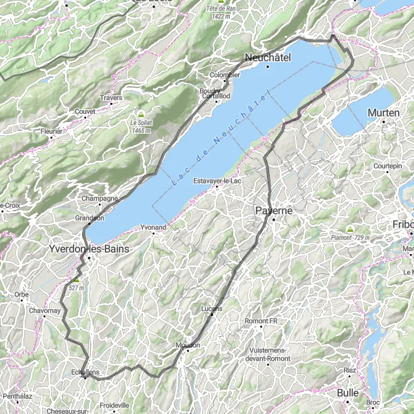 Miniaturekort af cykelinspirationen "Søen du Buron og middelalderbyen Grandson" i Région lémanique, Switzerland. Genereret af Tarmacs.app cykelruteplanlægger