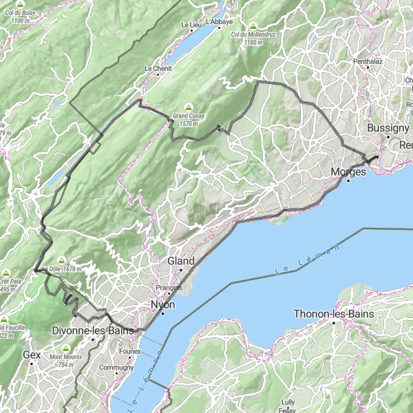 Mapa miniatúra "Okruh do kopcov Région lémanique" cyklistická inšpirácia v Région lémanique, Switzerland. Vygenerované cyklistickým plánovačom trás Tarmacs.app