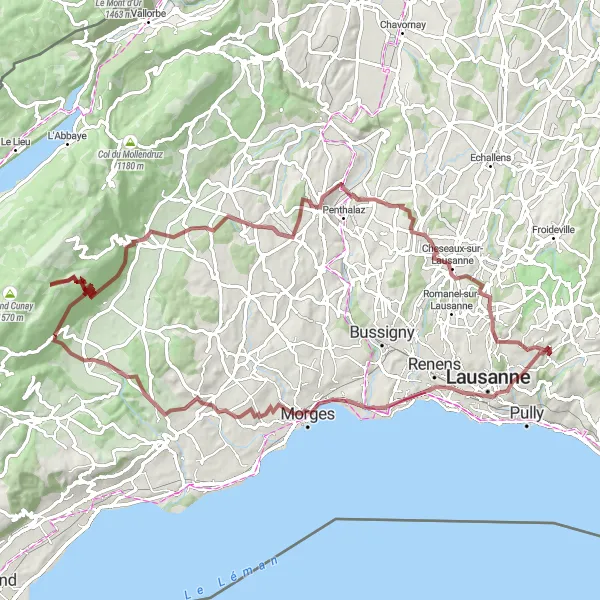 Miniaturní mapa "Gravel Route to Montricher and Beyond" inspirace pro cyklisty v oblasti Région lémanique, Switzerland. Vytvořeno pomocí plánovače tras Tarmacs.app