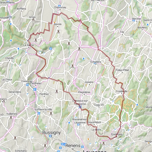Miniatura mapy "Trasa gravelowa przez Boussens i Villars-le-Terroir" - trasy rowerowej w Région lémanique, Switzerland. Wygenerowane przez planer tras rowerowych Tarmacs.app