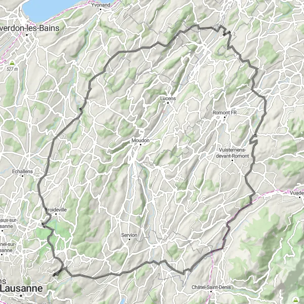 Miniature de la carte de l'inspiration cycliste "Boucle des Villages de l'Ouest Lausannois" dans la Région lémanique, Switzerland. Générée par le planificateur d'itinéraire cycliste Tarmacs.app