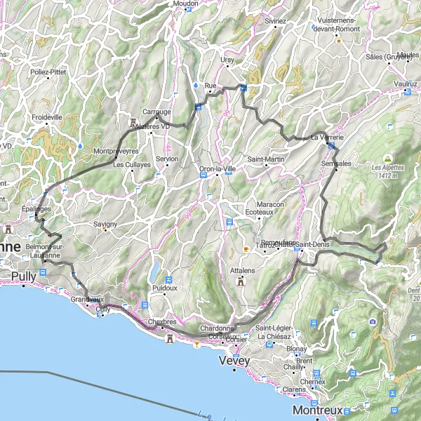 Map miniature of "The Lausanne Hills Road Loop" cycling inspiration in Région lémanique, Switzerland. Generated by Tarmacs.app cycling route planner