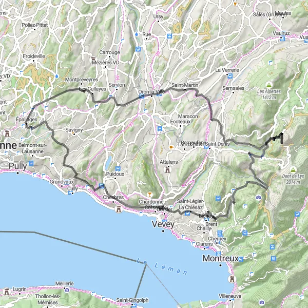 Miniatua del mapa de inspiración ciclista "Reto de Ciclismo en Carretera desde Epalinges" en Région lémanique, Switzerland. Generado por Tarmacs.app planificador de rutas ciclistas