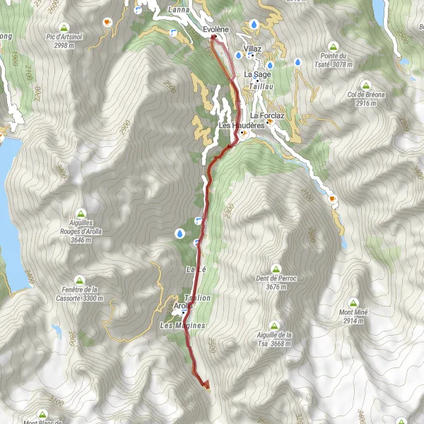 Miniaturekort af cykelinspirationen "Grusvejscykelrute til Arolla" i Région lémanique, Switzerland. Genereret af Tarmacs.app cykelruteplanlægger