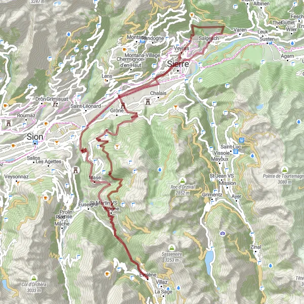 Miniatura della mappa di ispirazione al ciclismo "Giro in bicicletta tra Evolène e Mase" nella regione di Région lémanique, Switzerland. Generata da Tarmacs.app, pianificatore di rotte ciclistiche