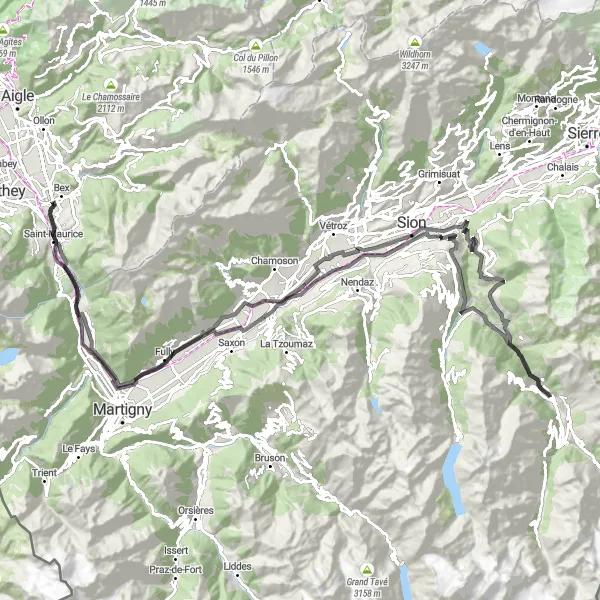 Miniaturekort af cykelinspirationen "Vejcykelrute til Château de Saint-Maurice" i Région lémanique, Switzerland. Genereret af Tarmacs.app cykelruteplanlægger