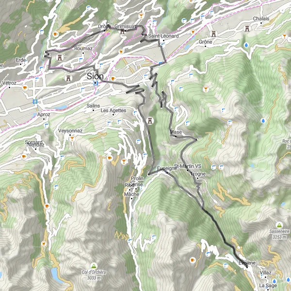 Miniatura della mappa di ispirazione al ciclismo "Scoperta in bicicletta da Evolène a Sion" nella regione di Région lémanique, Switzerland. Generata da Tarmacs.app, pianificatore di rotte ciclistiche