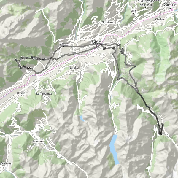 Miniatura della mappa di ispirazione al ciclismo "Sfida epica dell'Alta Val d'Evolène" nella regione di Région lémanique, Switzerland. Generata da Tarmacs.app, pianificatore di rotte ciclistiche