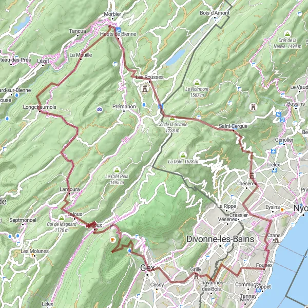 Miniatura mapy "Trasa gravelowa przez Grilly, Lajoux, Morbier" - trasy rowerowej w Région lémanique, Switzerland. Wygenerowane przez planer tras rowerowych Tarmacs.app