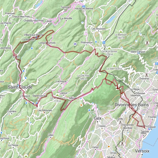 Mapa miniatúra "Gravel Tour de Jura" cyklistická inšpirácia v Région lémanique, Switzerland. Vygenerované cyklistickým plánovačom trás Tarmacs.app