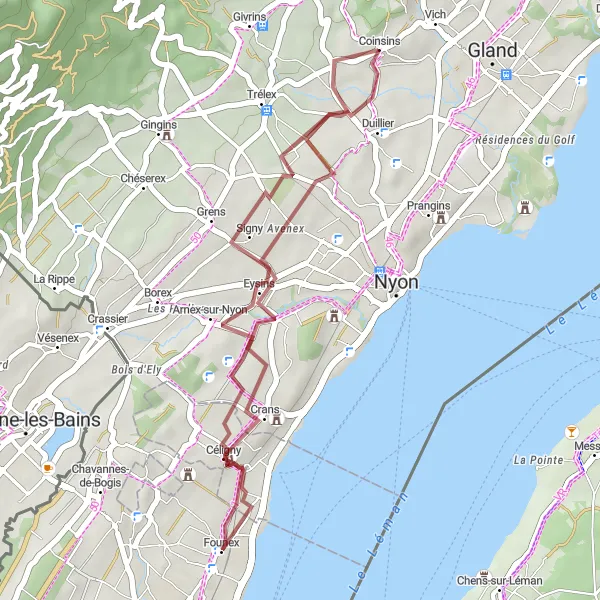 Map miniature of "The Gravel Adventure: Founex, Céligny, Coinsins, Eysins" cycling inspiration in Région lémanique, Switzerland. Generated by Tarmacs.app cycling route planner