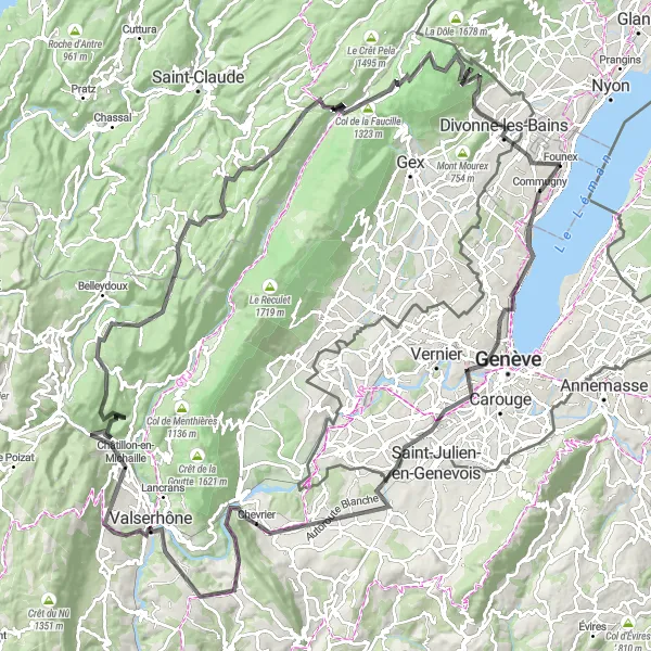 Miniature de la carte de l'inspiration cycliste "Boucle de col de la Faucille" dans la Région lémanique, Switzerland. Générée par le planificateur d'itinéraire cycliste Tarmacs.app