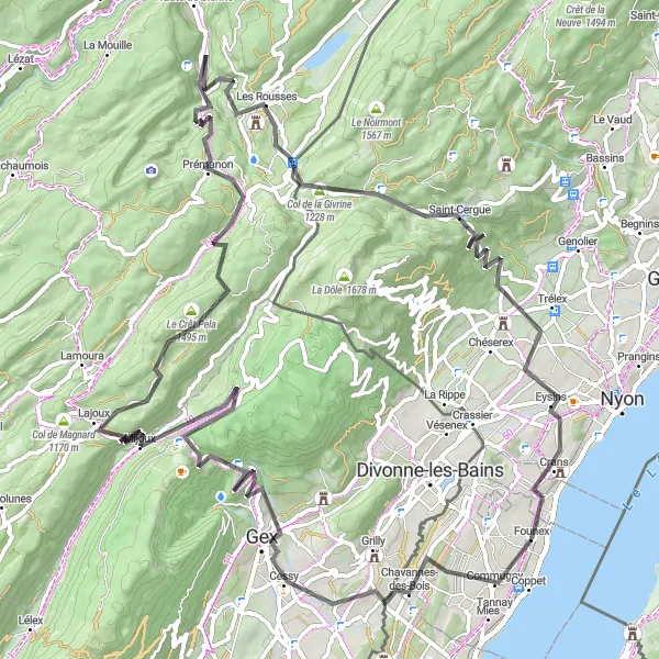 Karttaminiaatyyri "Haasteellinen matka Col de Faucillelle" pyöräilyinspiraatiosta alueella Région lémanique, Switzerland. Luotu Tarmacs.app pyöräilyreittisuunnittelijalla